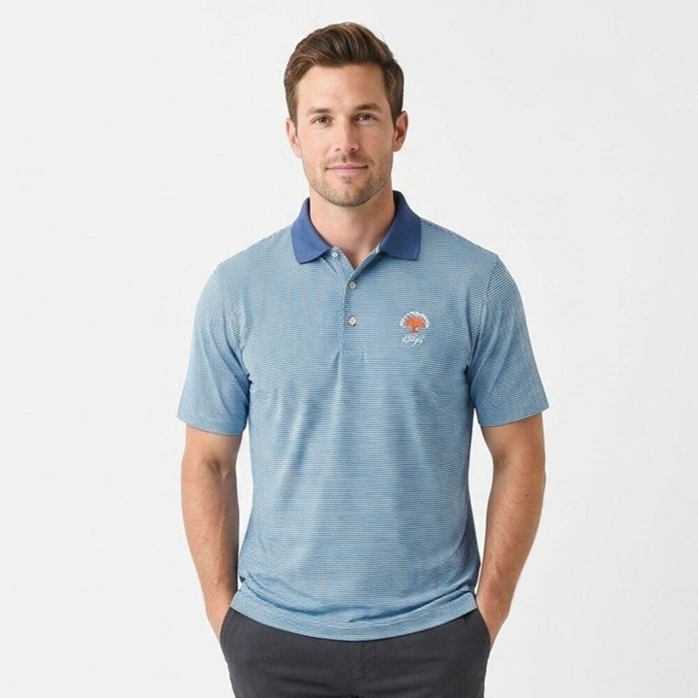 Peter Millar Golf Polo Shirt Mens L Blue Striped Kiawah Ocean Course Slit Hem
